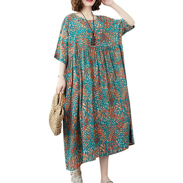 Nuevo vestido de lino de algodón para mujer de moda con cuello en O bolsillos de manga corta co Abanopi Vestido de mujer