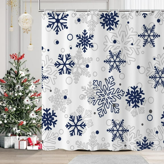 Christmas Shower Curtain, Blue and Brown Xmas Snowflake White Background Winter New Year Holiday Bathroom Curtain Waterproof Fabric Machine Washable with Hooks, 60x72 inch