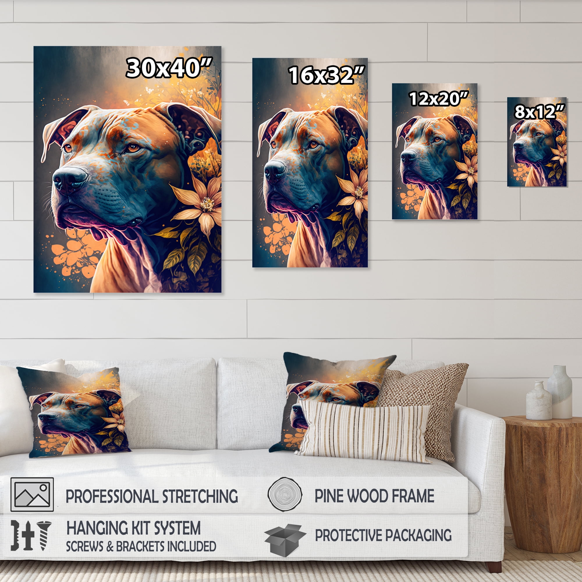 Designart Cute Pitbul Floral Art II Canvas Wall Art
