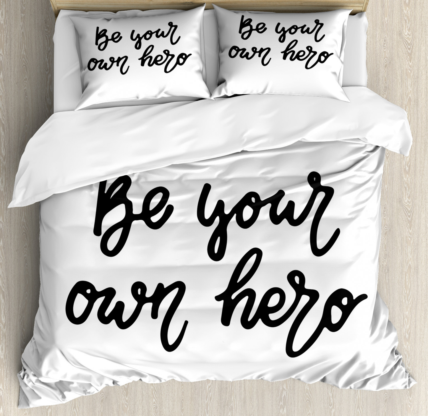 Girl Slogan Duvet Cover Set Queen Size, Be Your Own Hero Inspirational and Strengthening Self Righteous, 3 Piece Bedding Set with 2 Pillow Shams, Charcoal Grey and White, by Ambesonne - image 1 of 3