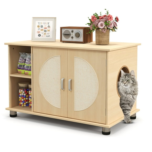 Gymax Cat Litter Box Enclosure w/ Sisal Scratching Doors Storage Adjustable Metal Feet