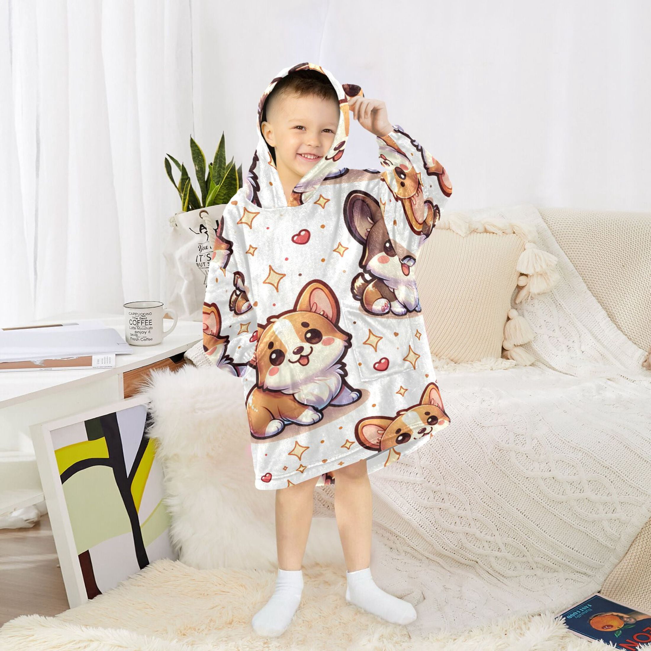 joogoo Wearable Blanket Hoodie for Kids Cute Corgi Dogs Stars Flannel Oversized Sweatshirt 3-14 Years M