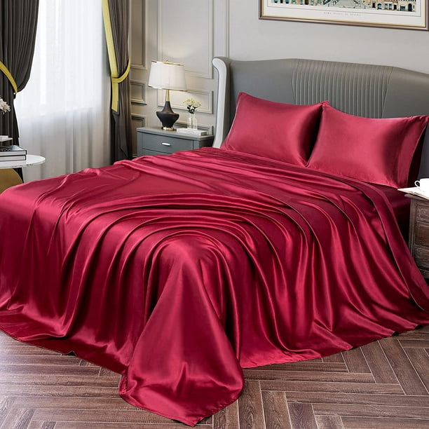 HTOOQ Satin Sheets Full Size Silky Soft Satin Bed Sheets Burgundy