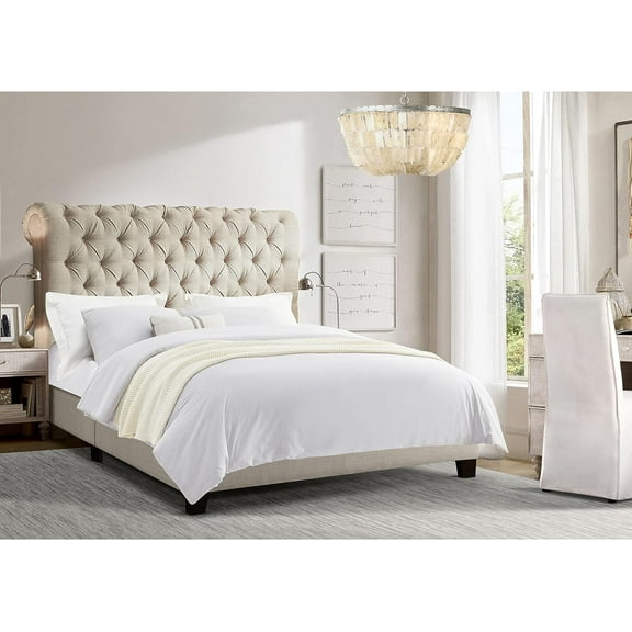 Rosevera Corrine Upholstered Bed Frame with Button Tufting Headboard/Adjustable Headboard/Rolled Head Headboard Bed Frame/Wood Slat Support/Easy Assembly,Queen,Beige