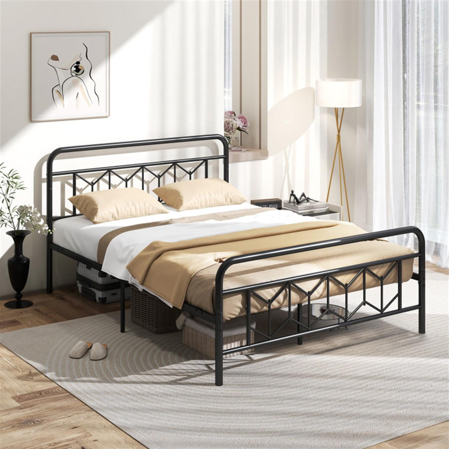 Demi Bonn Queen Size Bed Frame with High Headboard and Snap Lock Metal Slats, Platform Bed Frame with Under Bed Storage, No Box Spring Needed, Black