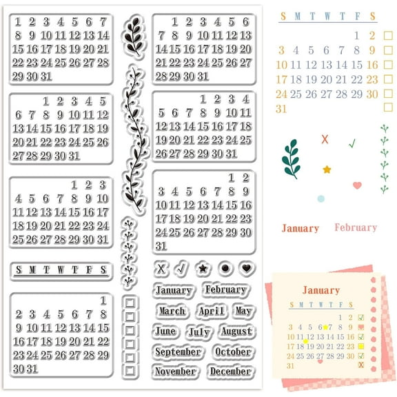 Calendar Clear Stamps Sheets Reusable Transparent Rubber Planner Week Month Date Number January December Silicone Stamp Seals for DIY Scrapbooking Card Making Paper Diary Photo Craft Decor