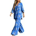 thumbnail image 3 of Women's Plus-Size Two-Piece Set Loose, Long-Sleeved Top Bottom with Foil-Print Detail 2026 Fall Fashion Outfits(Blue,S), 3 of 5