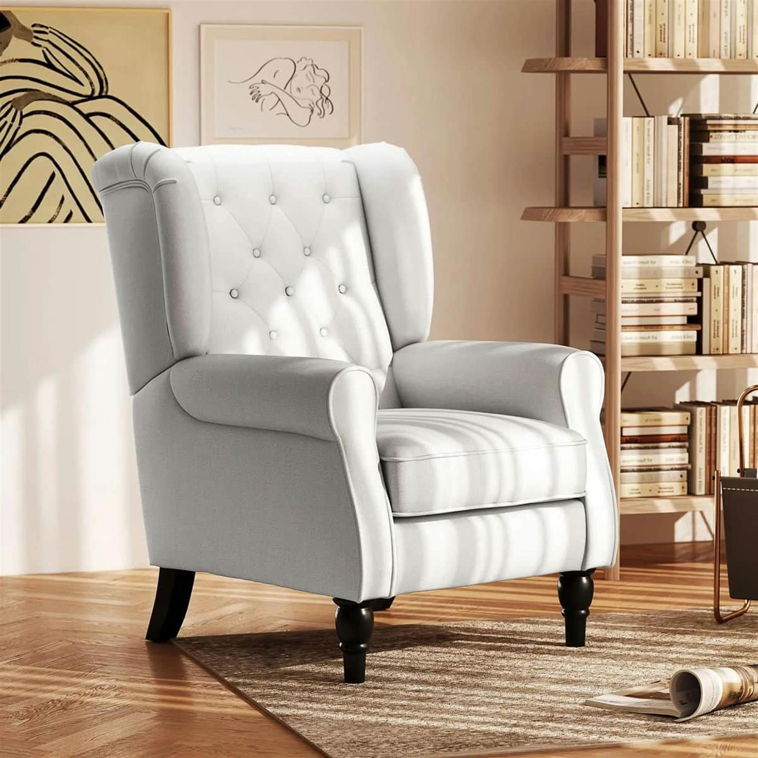 Demi Bonn 40" Modern Upholstered Armchair with High Back Button Tufted, Mid-Century Retro Wood Leg Chair for Living Room, Bedroom, White