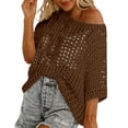 thumbnail image 3 of Womens Summer Scoop Neck Short Sleeve Sweater Casual Crochet Hollow Out Knit Tops Pullover Shirts Beach Coverup Womens Summer Boho Tops Brown L, 3 of 9
