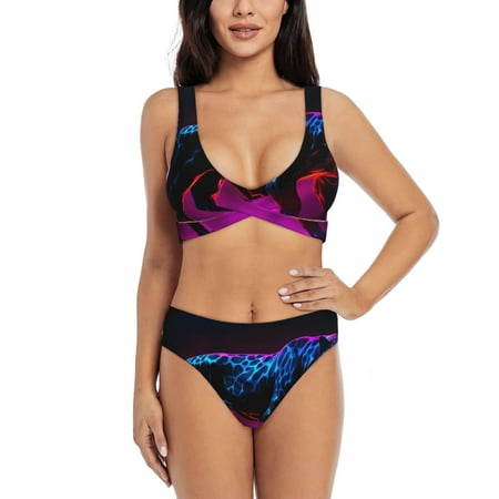 Zeuib Futuristic Purple Panther A High Waisted Tummy Control Bikini Set - Knot Front Push Up Top & Cheeky Thong Bottom  Two-Piece Swimsuit for Women-Medium