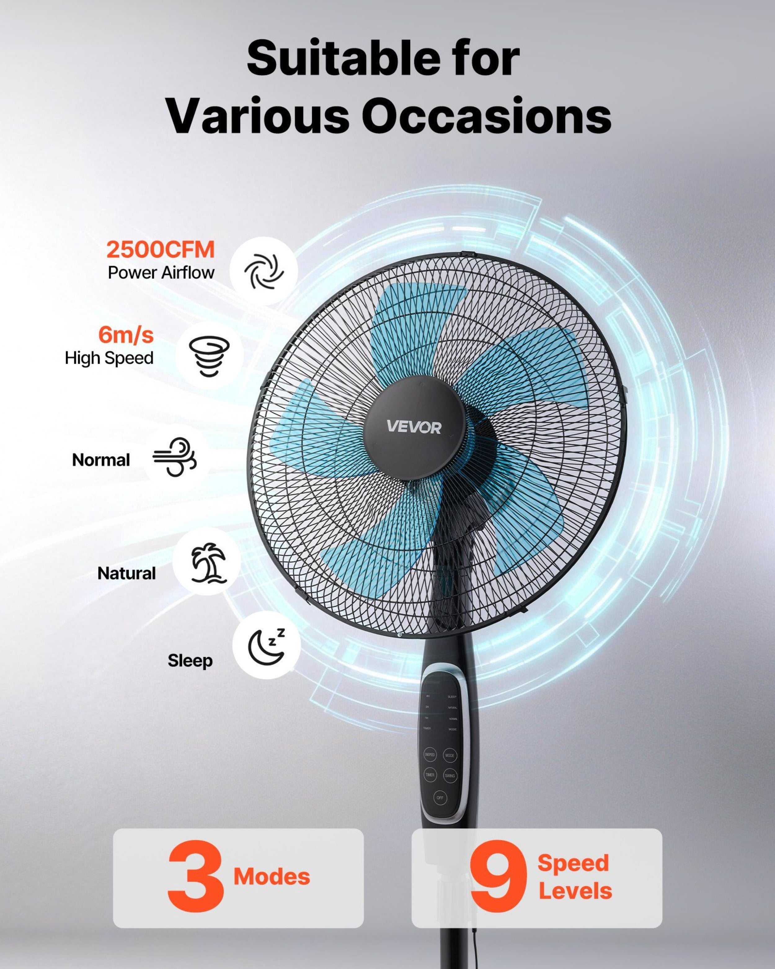 Black Silent Fan, with Remote Control, 9 Speed Settings and 3 Modes, Adjustable Height By Swaying, Silent DC Motor,