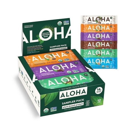 ALOHA Plant Based Protein Bars, 6 Flavor Sampler, 14g Protein (Pack of 12)