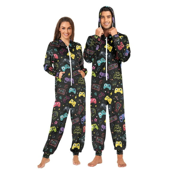 Adult Christmas Onesie Game Controller Adult Zipper One-Piece Pajamas Unisex Pajamas with Pockets
