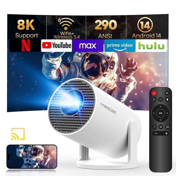 Magcubic Mini Projector 8K 1080P Support with WiFi 6 & BT 5.4 290 ANSI Brightness, Auto Keystone, 180 Degree Rotation, Portable Projector for Home Theater & Outdoor Movies HY300Pro White