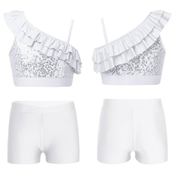 YONGHS Kids Girls 2 Piece Gymnastics Dance Outfits Sequins Crop Top with Shorts Set White 10