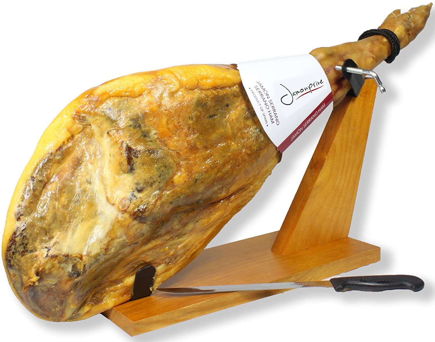 Jamonprive Serrano Ham Bone from Spain 14.7 - 17 lb + Ham Stand + Knife Cured Mediterranean Sea Salt
