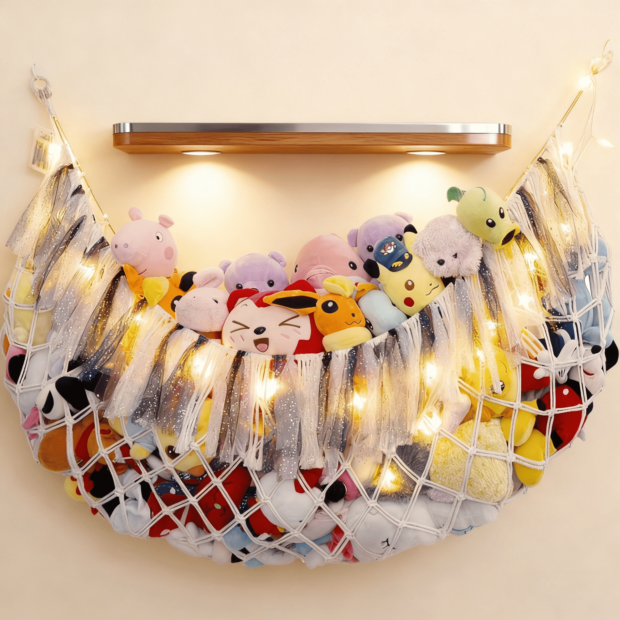 Large plush toy net or hammock for toy storage in children's rooms, bedrooms, and playrooms, with a lightweight wall-mounted storage organizer - Beige toy net