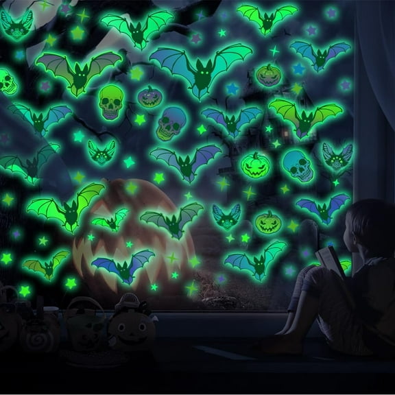 30 Pcs Halloween Stickers,Luminous Halloween Bat Skull Stickers,Vinyl Waterproof Bats Pumpkin Stickers for Wall Window Clings,Glow in The Dark Skeleton Bats Stickers Decals Decorations (Green)
