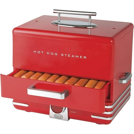 Nostalgia Extra Large Diner-Style Coca-Cola Hot Dog Steamer and Bun Warmer 24 Hot Dog and 12 Bun Capacity Steam Bratwursts Sausages Vegetables Fish Dumplings Red