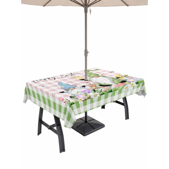 Outdoor Tablecloth with Umbrella Hole and Zipper, Easter Rectangle Table Cloth 60x120 Inch Waterproof Tablecloth, Spring Gnomes Floral Bunny Duck Green Pink Plaid Picnic Table Cover for Patio Camping