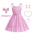 thumbnail image 4 of Disfraz de princesa rosa sin mangas, vestido de fiesta, vestido de cosplay de rol de Barbie con cinturón, falda a cuadros, disfraz de Halloween, vestido para niñas, 4 of 5
