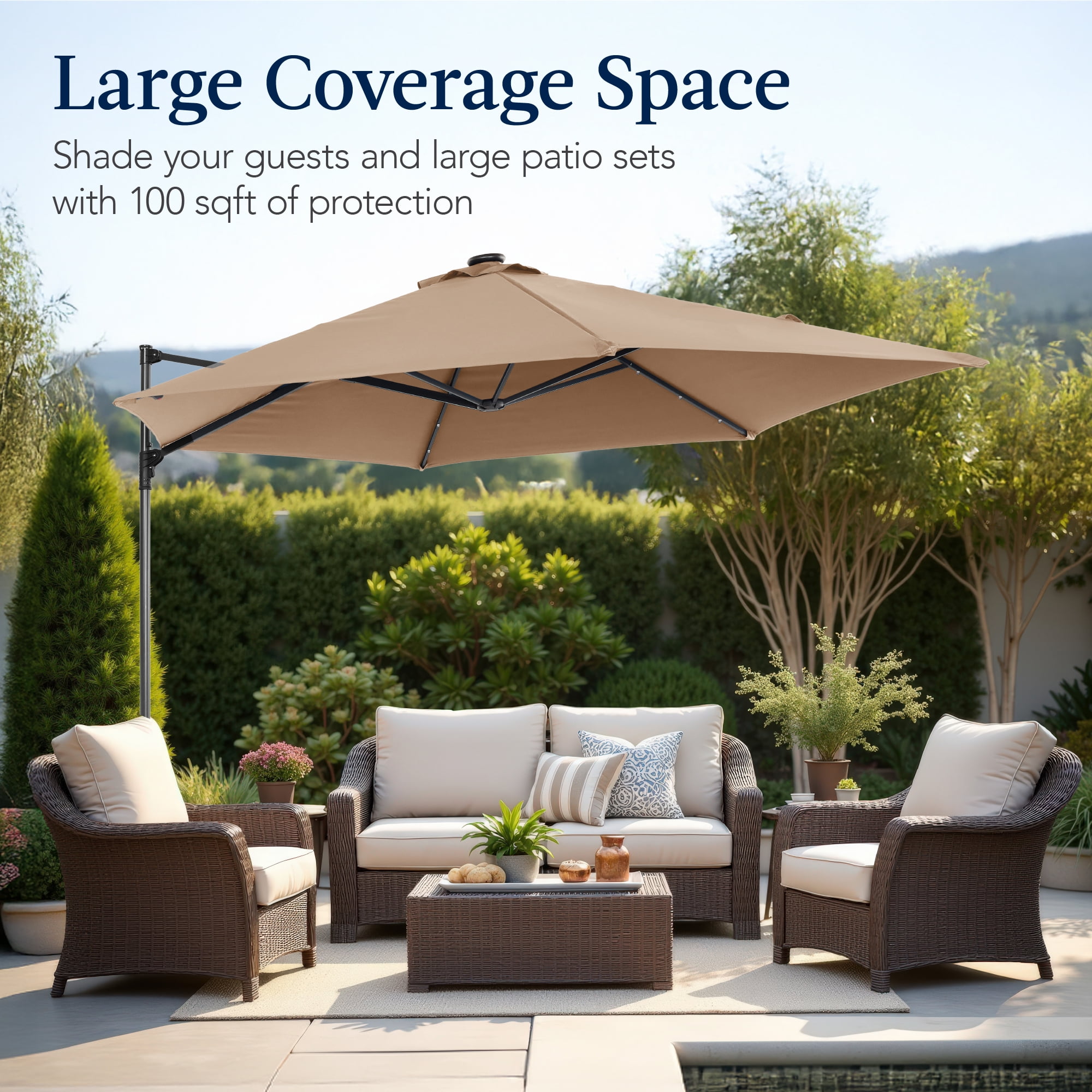 Best Choice Products 10ft 360 Rotating Cantilever Offset Hanging Market Patio Umbrella w/ Solar Lights - Tan