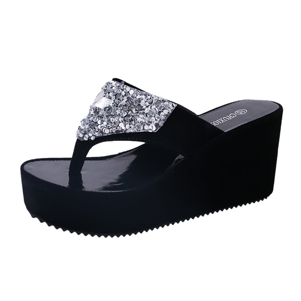 Kaicran Women's Wedge Slippers Fashion Rhinestone Slip On High Heel Flip Flops Clip Toe Beach Shoes Sandals Slippers 