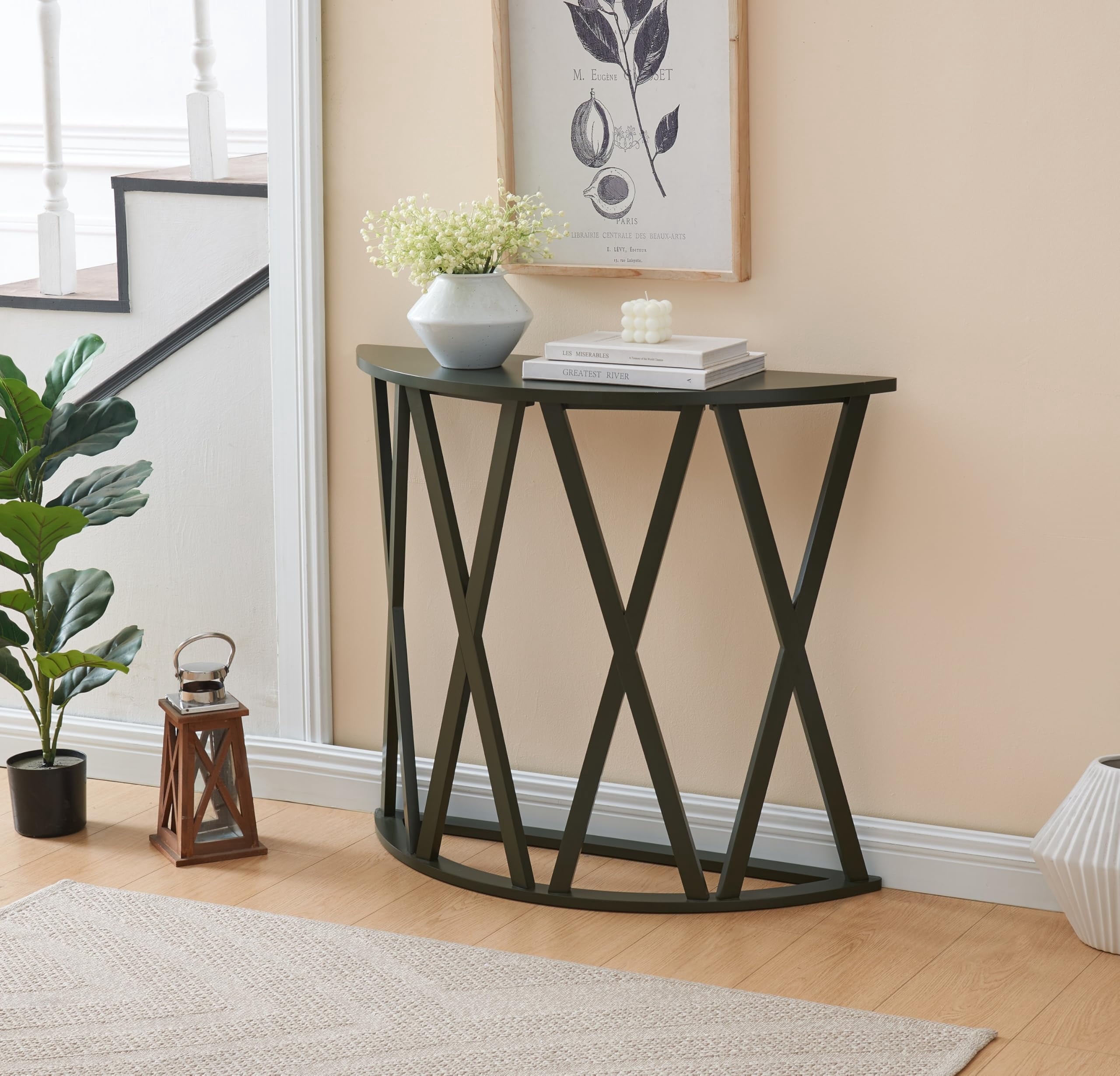 Kings Brand Furniture Vienna Half Moon Wood Console Table for Entryway, Accent Sofa Table for Living Room, Hallway, Foyer, Entrance, Caviar