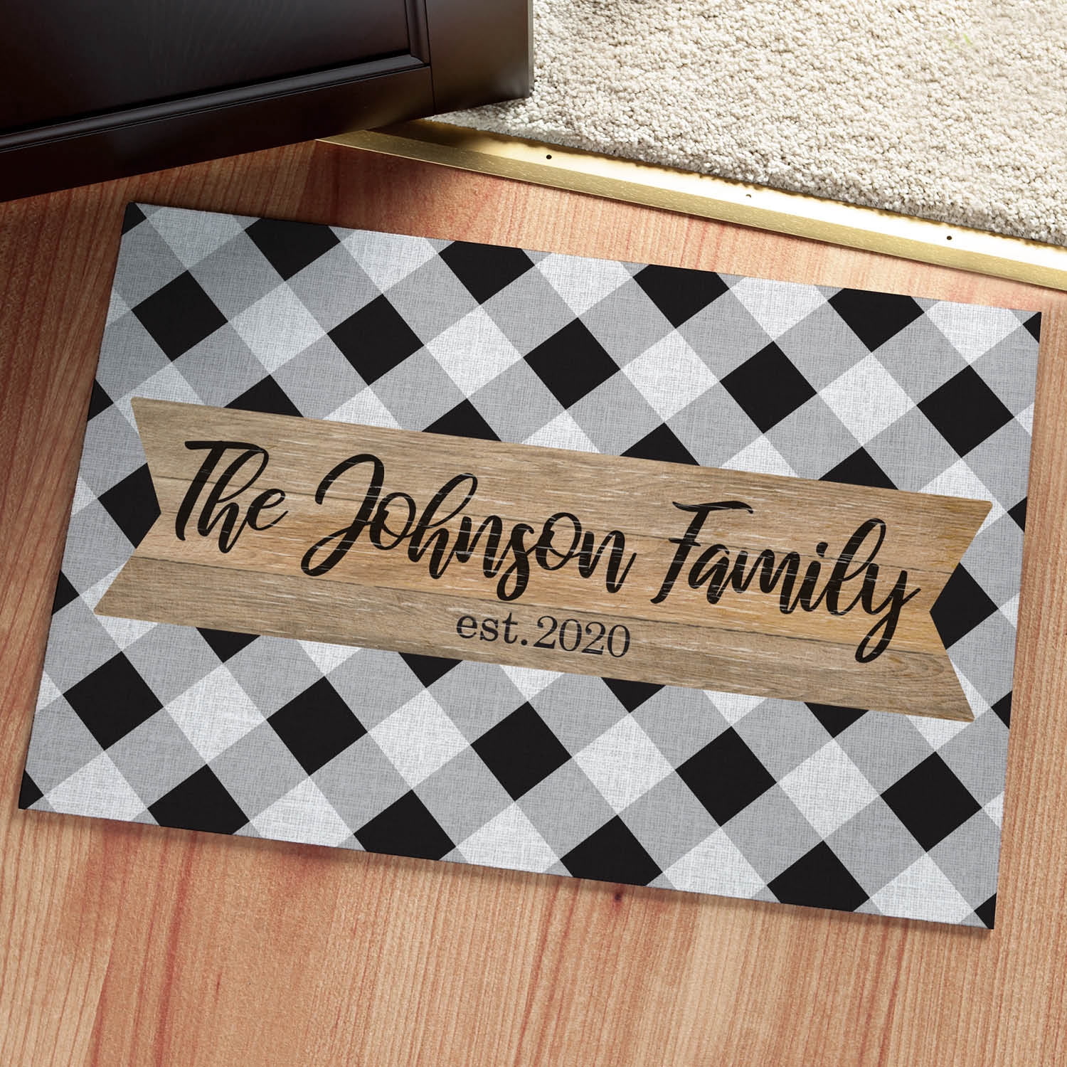 Personalized Planet 27x18 Black and White Gingham Doormat with Custom Personalization Printed on Rectangular 1/4” Thick Non Slip Mat for Kitchen Hallway Deck or Porch