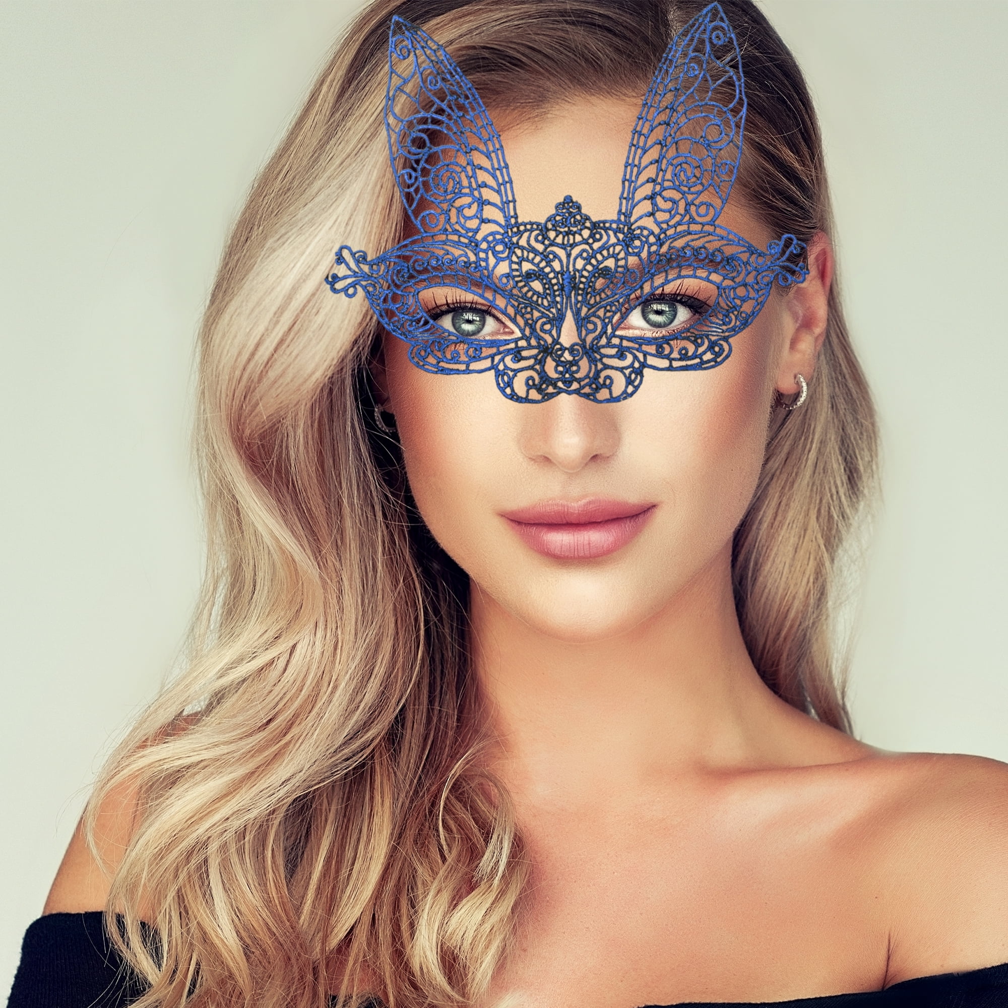 Unique Bargains 1 Pack Elegant Lace Long-Ear Bunny Half Face Party Mask Blue