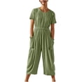 thumbnail image 1 of Womens Summer Short Sleeve Cotton Linen Jumpsuits Elastic Waist Casual Wide Leg Cropped Pants Rompers with Pockets, 1 of 7