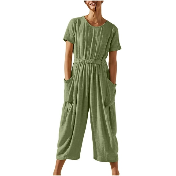 lulshou Jumpsuits for Women, Women's Casual Loose Pocket Strap Cotton and Linen Jumpsuit Short Sleeve Sling Jumpsuitit Women's Jumpsuits, Rompers & Overalls, Green XXL