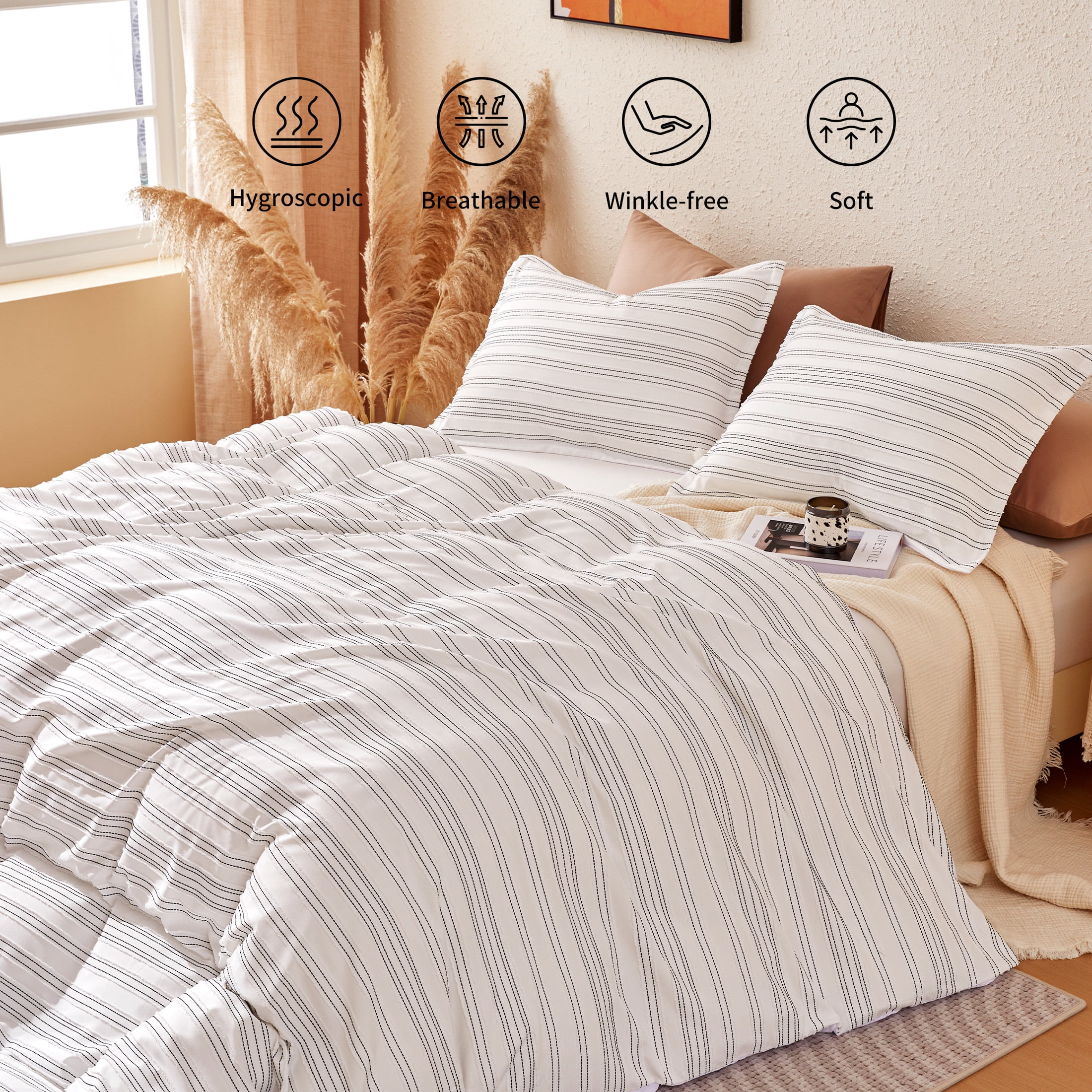 Sonive Geometrical Duvet Cover Set Black Striped, 3 Pieces Modern Pattern with Pillow Sham, Full