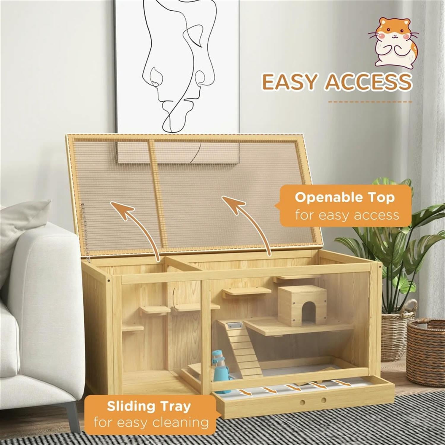 Kadyn 39" Wooden Hamster Cage with Pull-out Tray, Seesaws, Ladder, Large Small Animal Habitats for Guinea Pig Cages, Beige