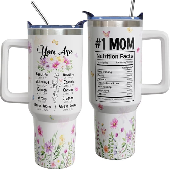 Mothers Day 40 oz Tumbler, No.1 Mom Vacuum Insulated Travel Mug with Lid Straw Handle, 40oz Cup Gift from Kids