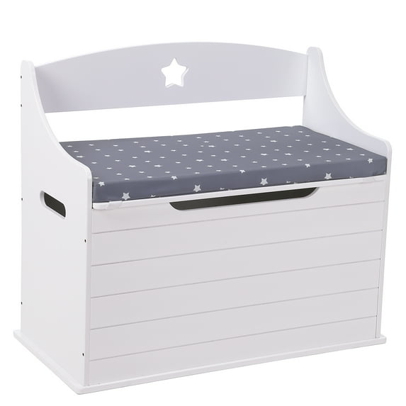 Wooden Toy Box, 30.5 ” Kids Large Storage Trunk Bench with Safety Hinges,Lid ,Cushion,Easy Assembly,Kids Toy Chest for Playroom Bedroom Furniture