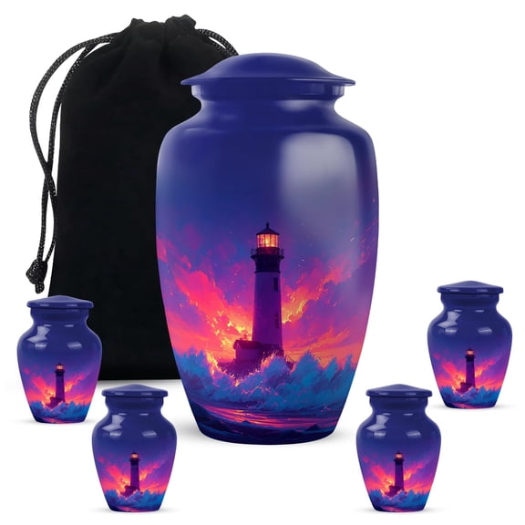 Lighthouse Adult Cremation Funeral Urn for Human Ashes, Keepsake Memorial Gift, Beautiful Handcrafted Small Urns for Ash, Combo, Dark Blue (10 Inch & 3 Inch Mini Set of 3)