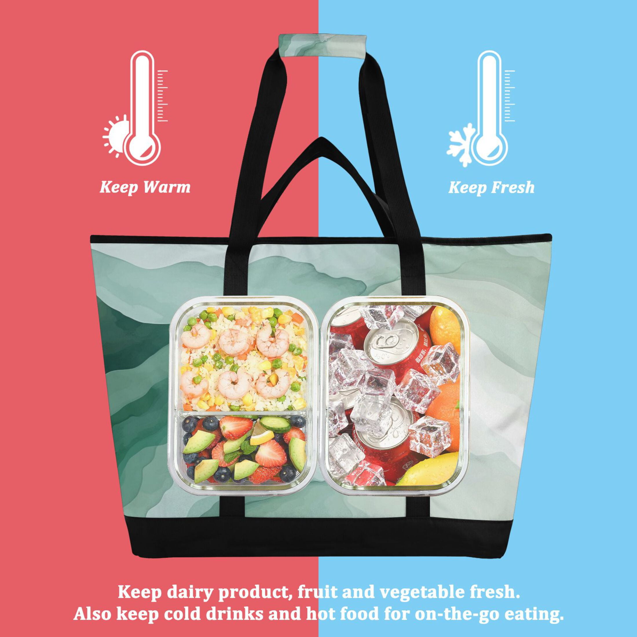 Large Hand-held Ice Pack Picnic Bag Insulation and Refrigeration Suitable for Shopping Picnics and Camping Light Green Pattern