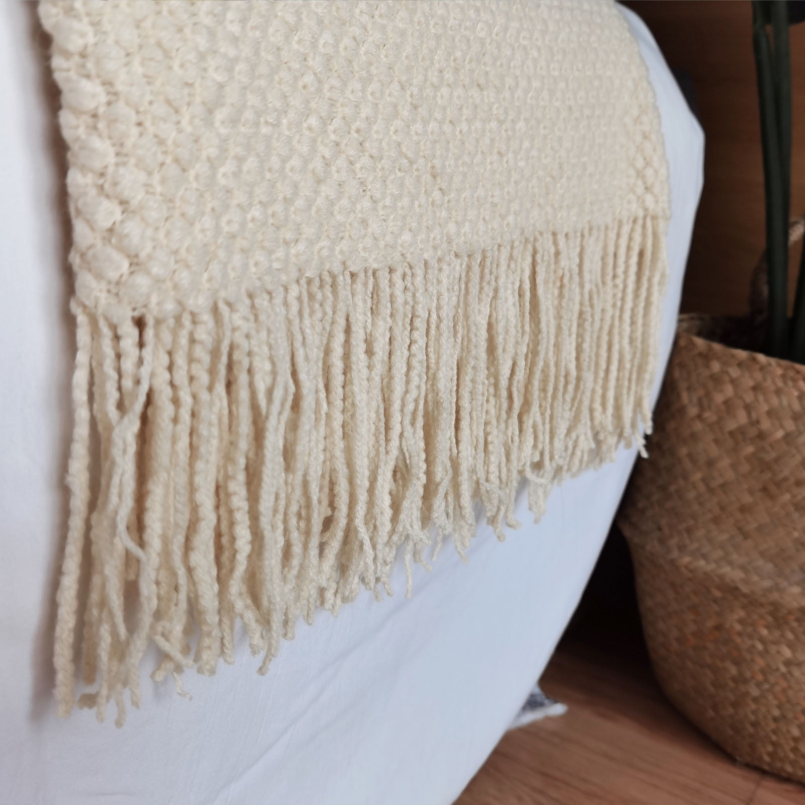 LOMAO Knitted Throw Blanket with Tassels Bubble Textured Lightweight Throws for Bed,Chair,Sofa,Living Room,Home Decor (Cream,50*60 in)