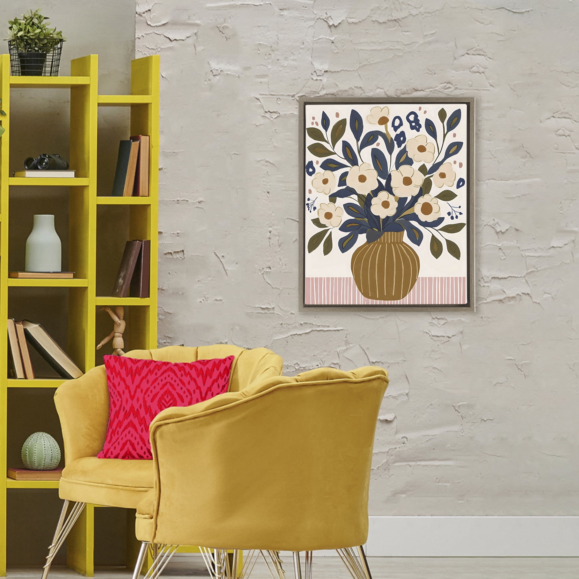 Stupell Industries Boho Floral Vase with Stripes Brown Framed Floater Canvas Wall Art, design by Creative Studio