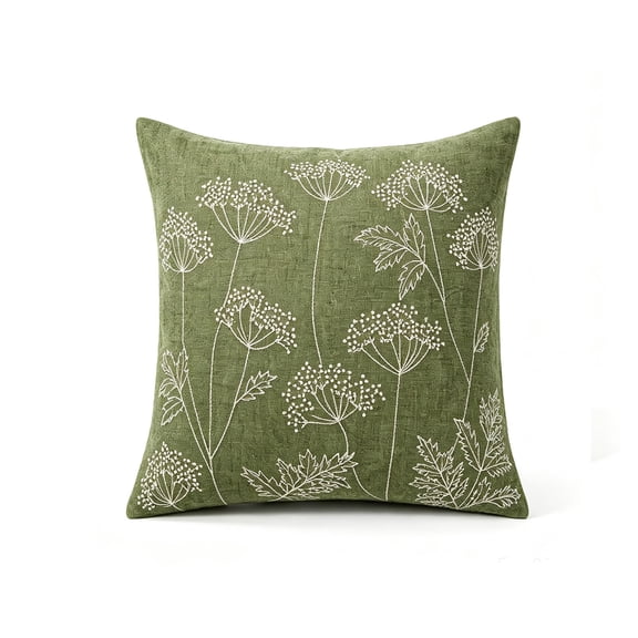 Btomtd Throw Pillow Covers 18 x 18 Inch Wildflower Embroidery, Linen Dill Flower Cushion Cases, Farmhouse Decorative Couch Pillow Covers, Green