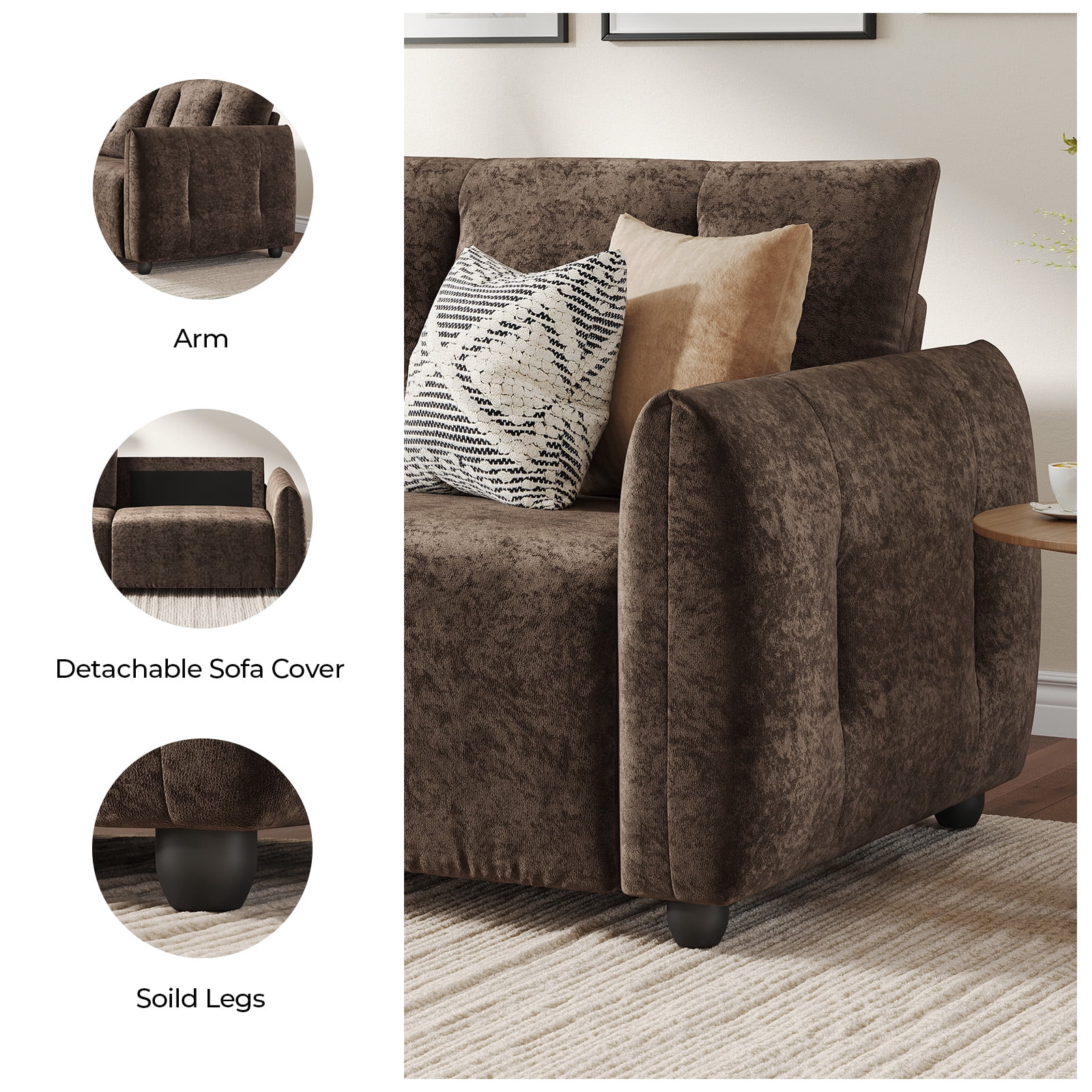 COPIAE 84.5 Inch Loveseat Sofa, Modern Couch and Sofa, Feather-tip armrest design, Sturdy and Easy Installation, Small Sofa for Living Room Bedroom Office and Apartment, Chenille Fabric,Dark Brown