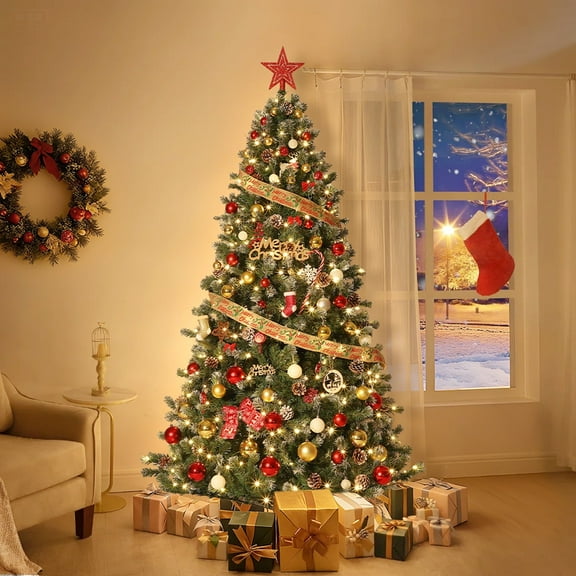 CazToi 6ft Pre-lit Artificial Christmas Tree with Pine Cones & 450 Branch Tips