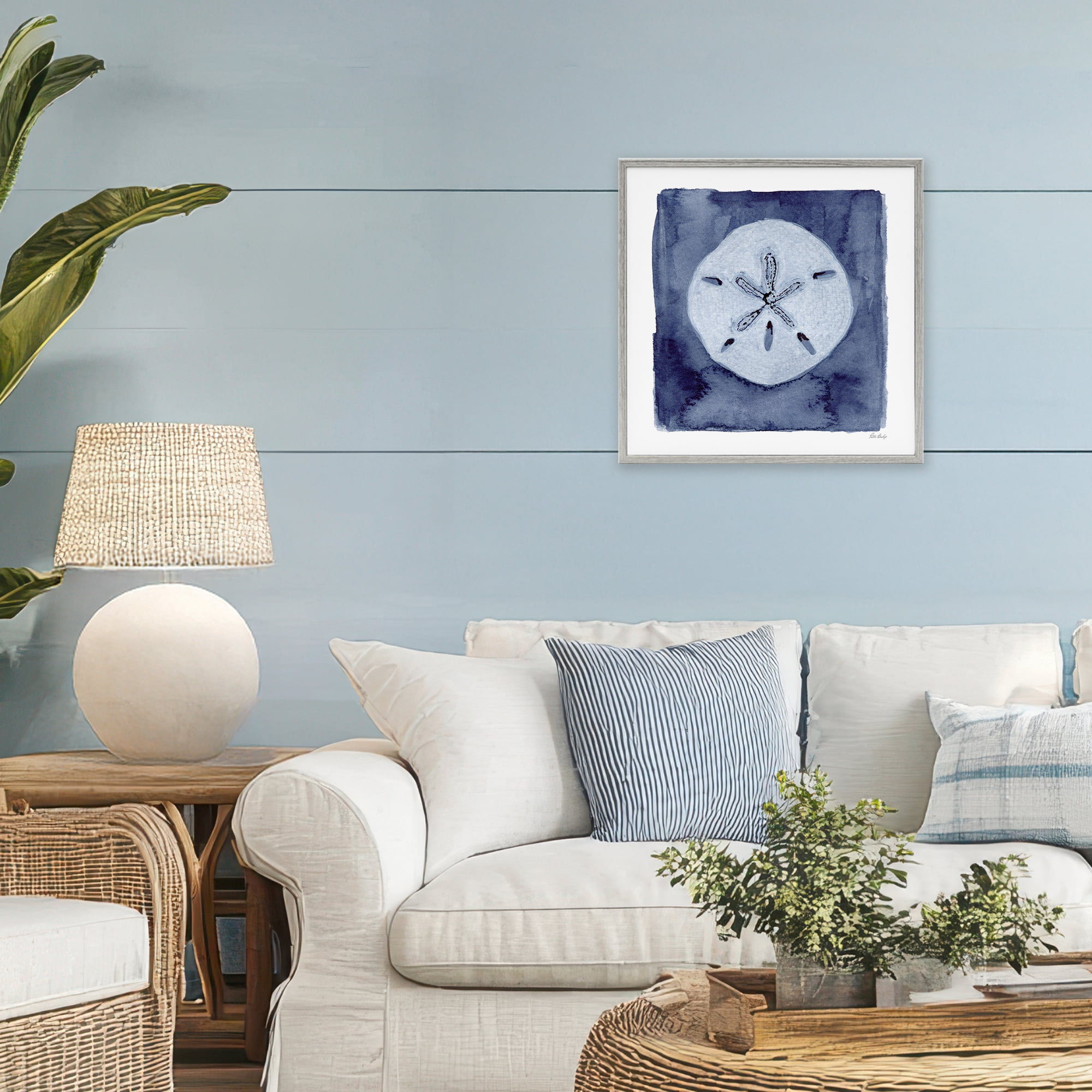 Stupell Industries White Sand Dollar on Indigo Gray Framed Giclee Art, design by Patti Bishop