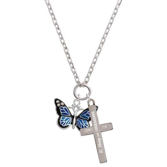 Delight Jewelry Silvertone Large Blue Butterfly with 6 AB Crystals Be Strong and Courageous Engraved Cross Zoey Necklace, 28"