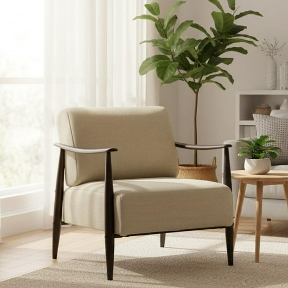 Sillón Individual Moderno, Color Beige + Madera Oscura, Resortes de Nueva Tecnología, Homemake Furniture