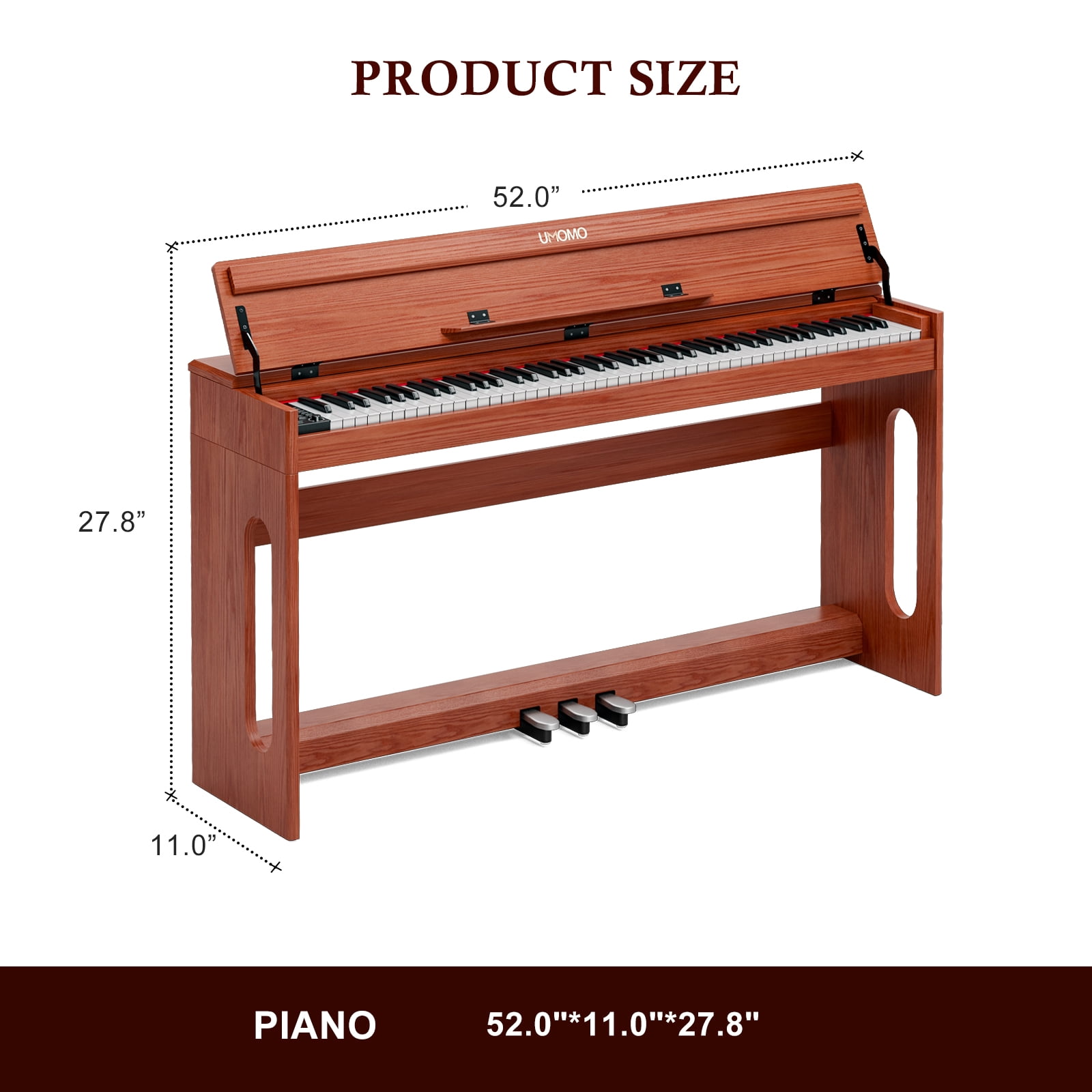 UMOMO 88 Key Digital Piano Keyboard, Full Size Electric Piano with Piano Stand, Headphone Jack, 3 Pedal, Electronic Piano for Beginner, Adults, Brown