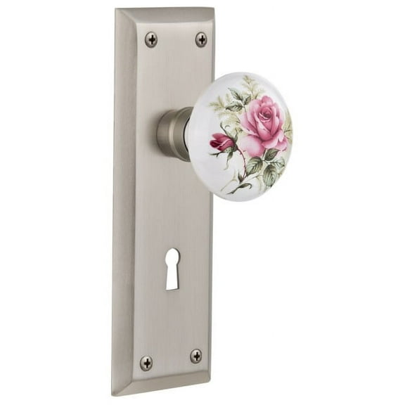 Nostalgic Warehouse Nykros_Psg_234_Kh Rose Porcelain Solid Brass Passage Door Knob Set -