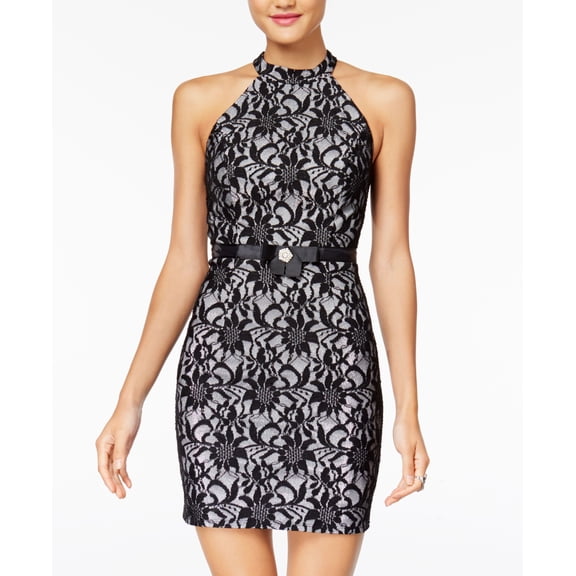 City Studios Juniors Embellished Metallic Lace Bodycon Dress Blacksilver 1