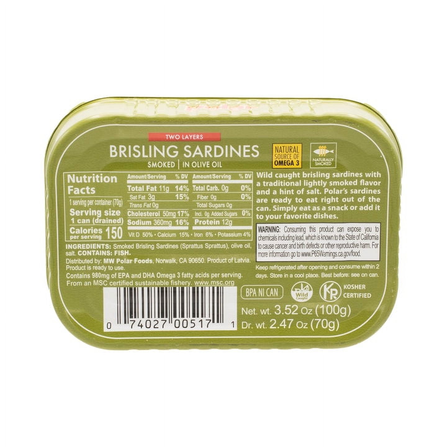 MW Polar Smoked Brisling Sardines in Olive Oil, 3.52 oz Can, Wild Caught (Pack of 12)
